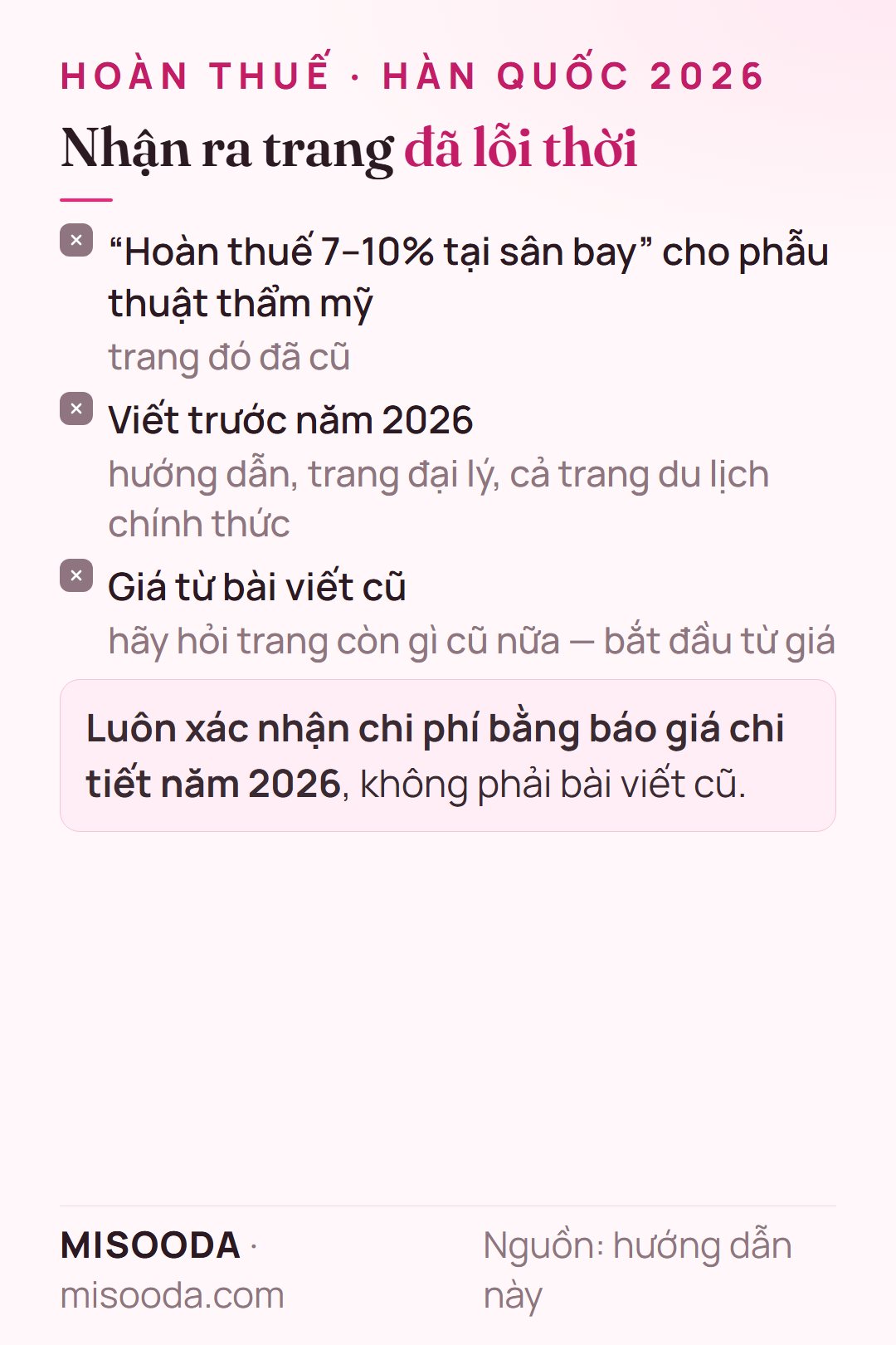 Dấu hiệu trang phẫu thuật thẩm mỹ Hàn Quốc đã lỗi thời: vẫn hứa hoàn thuế 7–10% tại sân bay, viết trước 2026, hoặc dùng giá cũ
