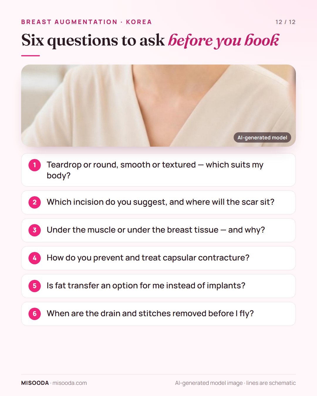 Six questions before booking breast augmentation in Korea: implant type, incision site, placement layer, capsular contracture, fat transfer, drain and stitches
