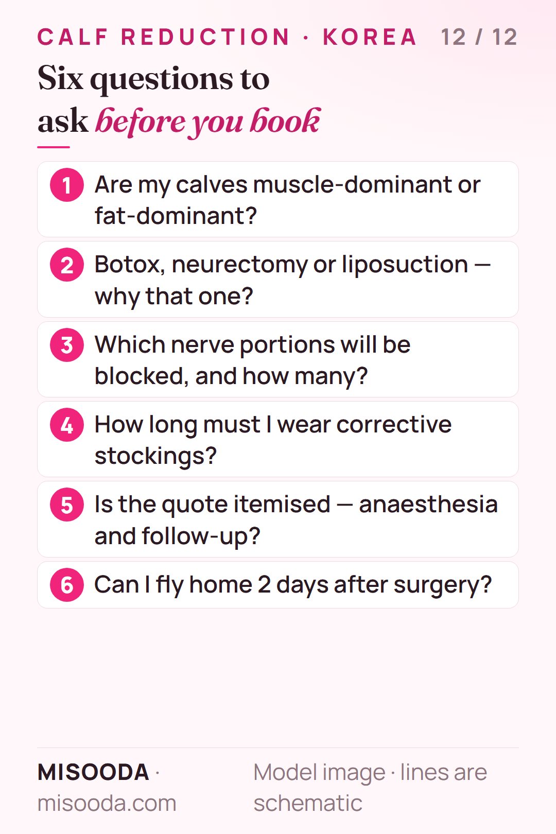 Six questions before booking calf reduction in Korea: muscle or fat calves, which method, nerve portions, stockings, itemised quote, flying home