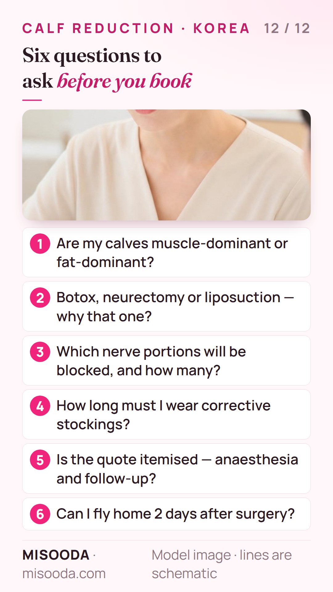 Six questions before booking calf reduction in Korea: muscle or fat calves, which method, nerve portions, stockings, itemised quote, flying home