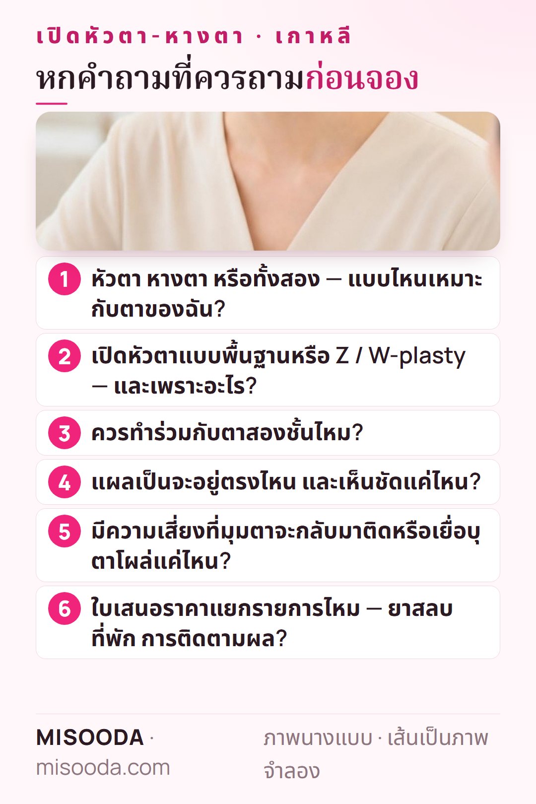 หกคำถามก่อนจองเปิดหัวตาหรือหางตาในเกาหลี: มุมไหน พื้นฐานหรือ Z/W-plasty ทำร่วมกับตาสองชั้น แผลเป็น การกลับมาติด ใบเสนอราคา