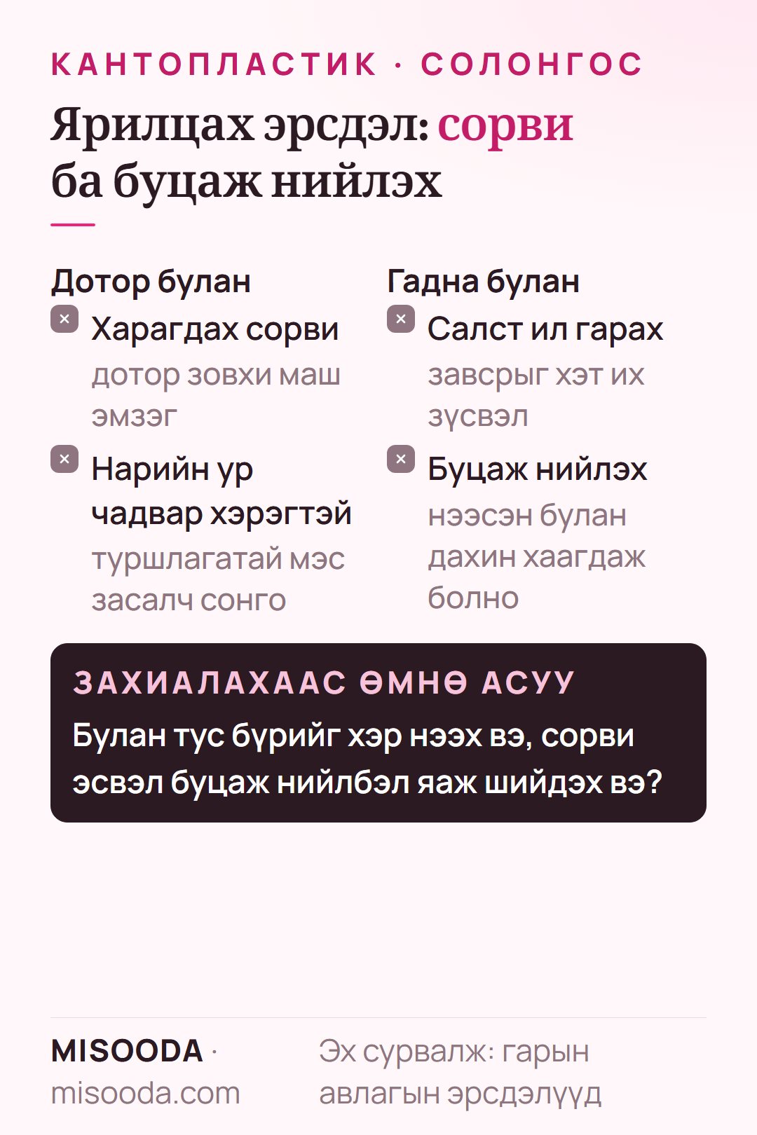 Кантопластикийн эрсдэл: эпикантопластикийн дараа дотор буланд сорви харагдах, гадна талыг хэт зүсвэл салст бүрхэвч ил гарах, булан буцаж нийлэх