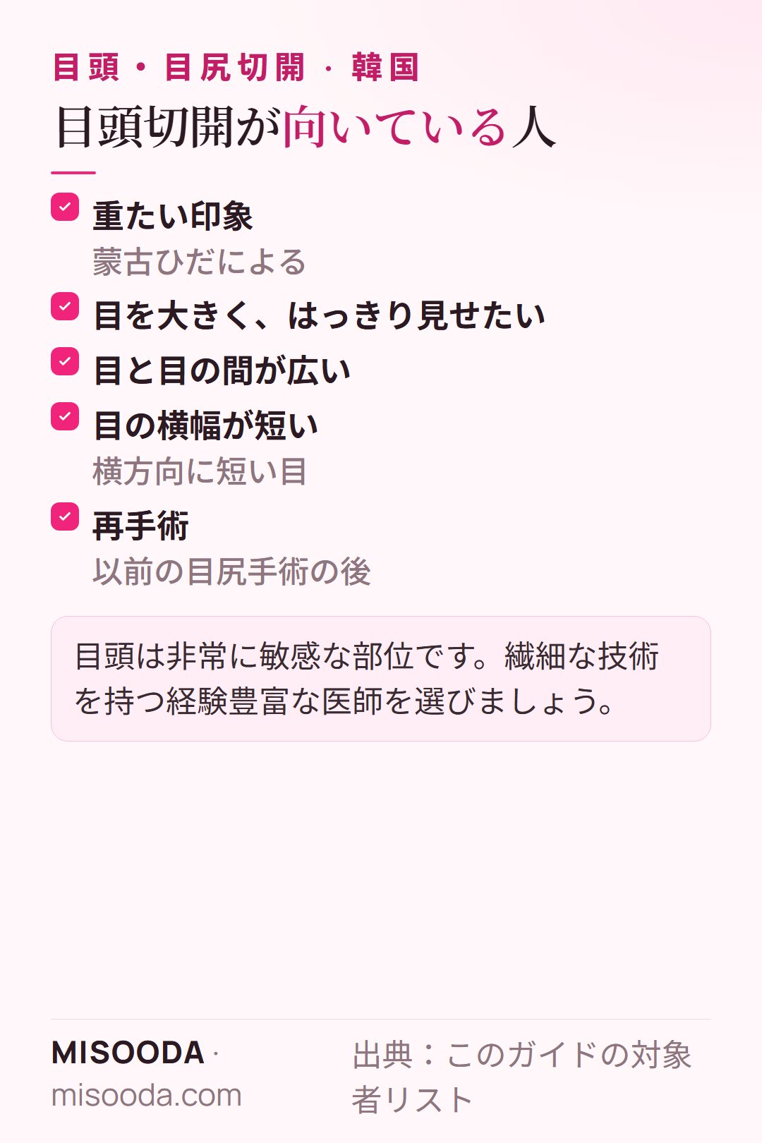 目頭切開が向いている人:蒙古ひだによる重たい印象、目を大きくはっきり見せたい、目の間が広い、目の横幅が短い、再手術