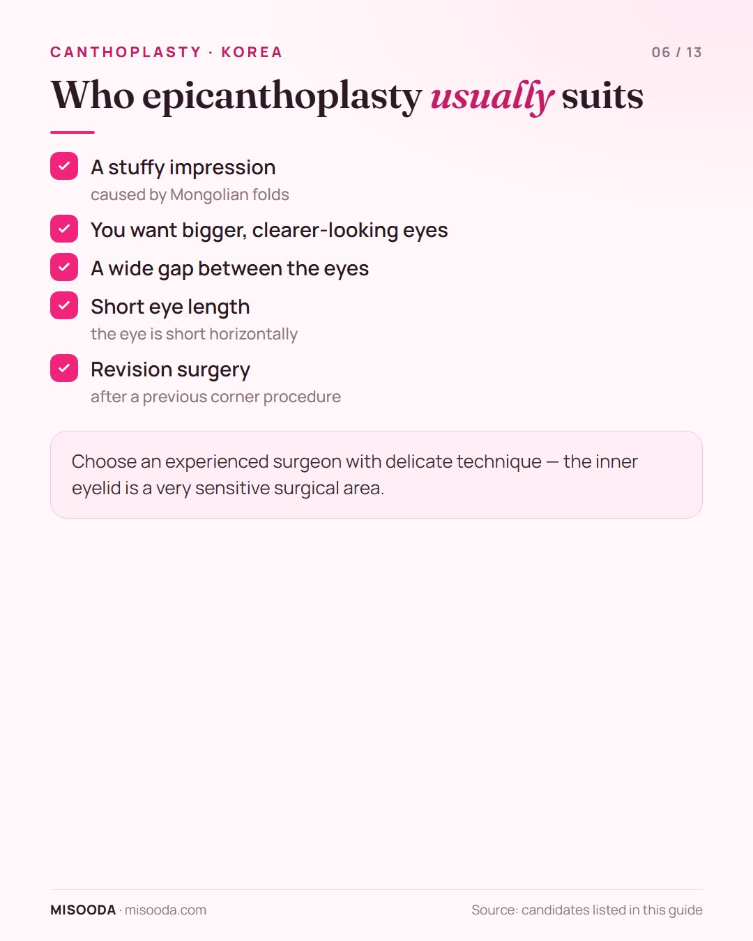 Epicanthoplasty candidates: stuffy impression from Mongolian folds, wish for bigger clearer eyes, wide gap between the eyes, short eye length, revision