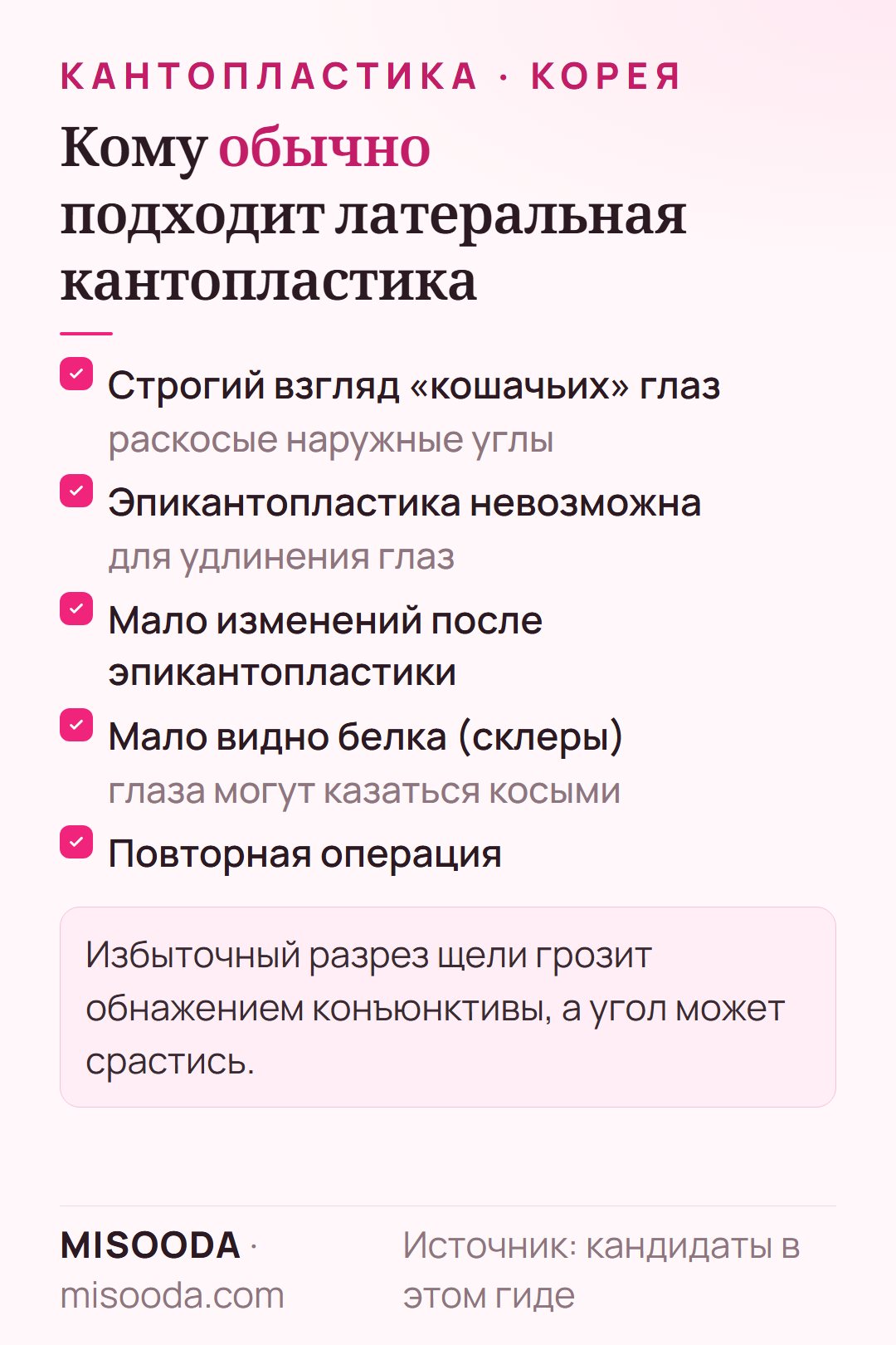 Кому подходит латеральная кантопластика: строгие «кошачьи» или раскосые глаза, эпикантопластика невозможна или недостаточна, мало видно склеры, повторная операция