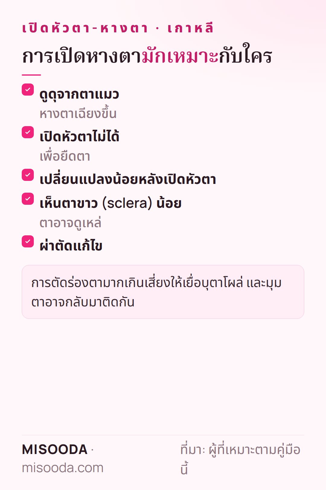 ผู้ที่เหมาะกับการเปิดหางตา: ตาดุแบบตาแมวหรือตาเฉียง เปิดหัวตาไม่ได้หรือไม่พอ เห็นตาขาวน้อย ผ่าตัดแก้ไข