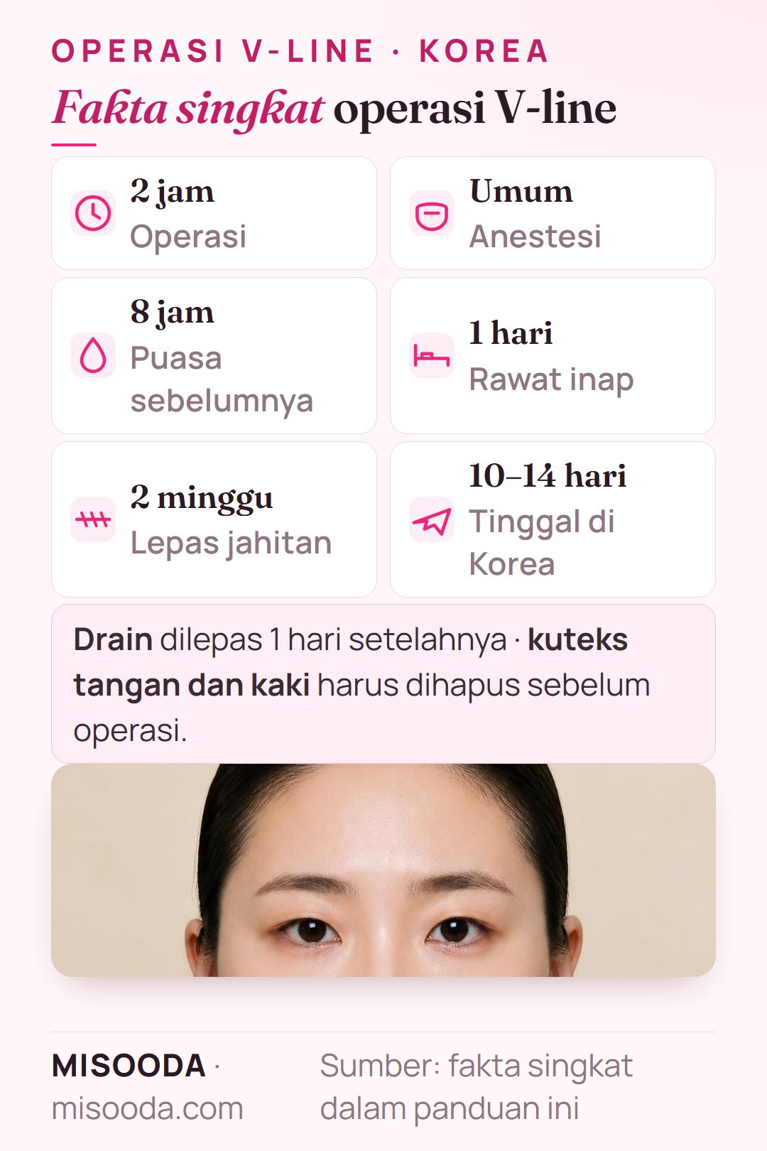 Fakta singkat operasi V-line di Korea: 2 jam dengan anestesi umum, puasa sejak 8 jam sebelumnya, rawat inap 1 hari, jahitan dilepas setelah 2 minggu, 10–14 hari di Korea