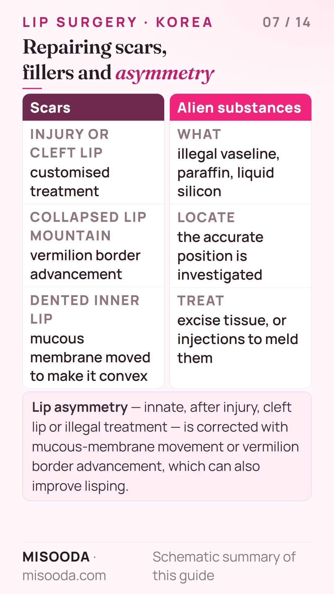 Lip repair surgery: injury or cleft lip scars, removal of illegal vaseline, paraffin or liquid silicone, and correction of lip asymmetry and lisping
