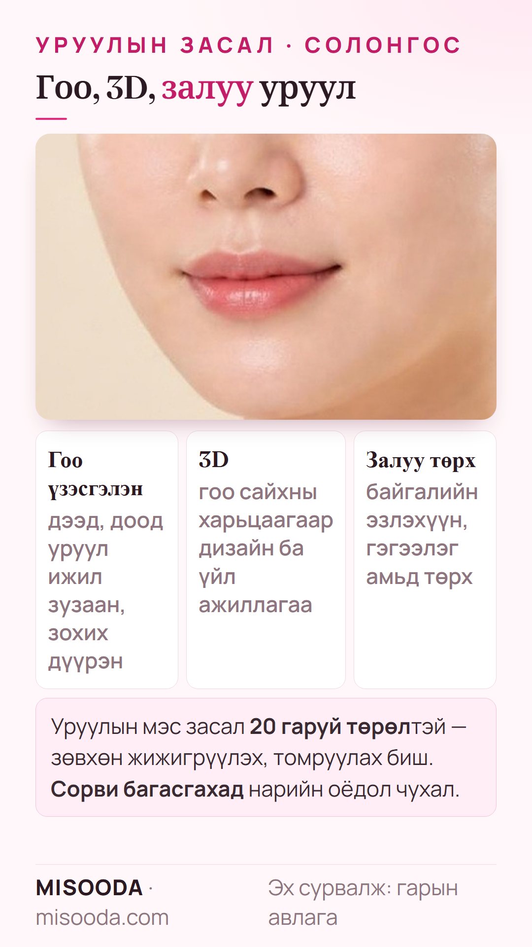 Солонгосын уруулын гоо сайхны мэс заслын 3 онцлог: тэнцвэртэй гоё дээд, доод уруул, 3D дизайн, залуу төрх; уруулын мэс засал 20 гаруй төрөлтэй