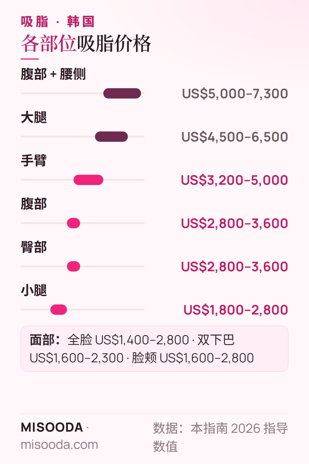 韩国 各部位吸脂价格 2026:腹部与腰侧 US$5,000–7,300,大腿 US$4,500–6,500,手臂 US$3,200–5,000,面部 US$1,400 起