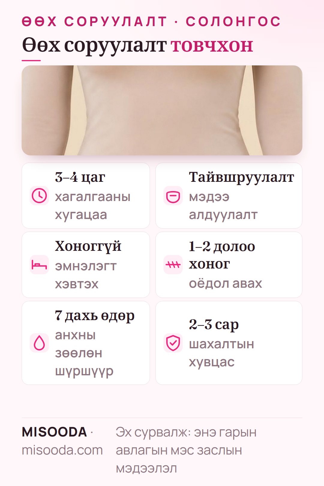 Өөх соруулалтын товч баримт: тайвшруулах мэдээ алдуулалтаар 3–4 цаг, хоноггүй, оёдол 1–2 долоо хоногийн дараа, шахалтын хувцас 2–3 сар