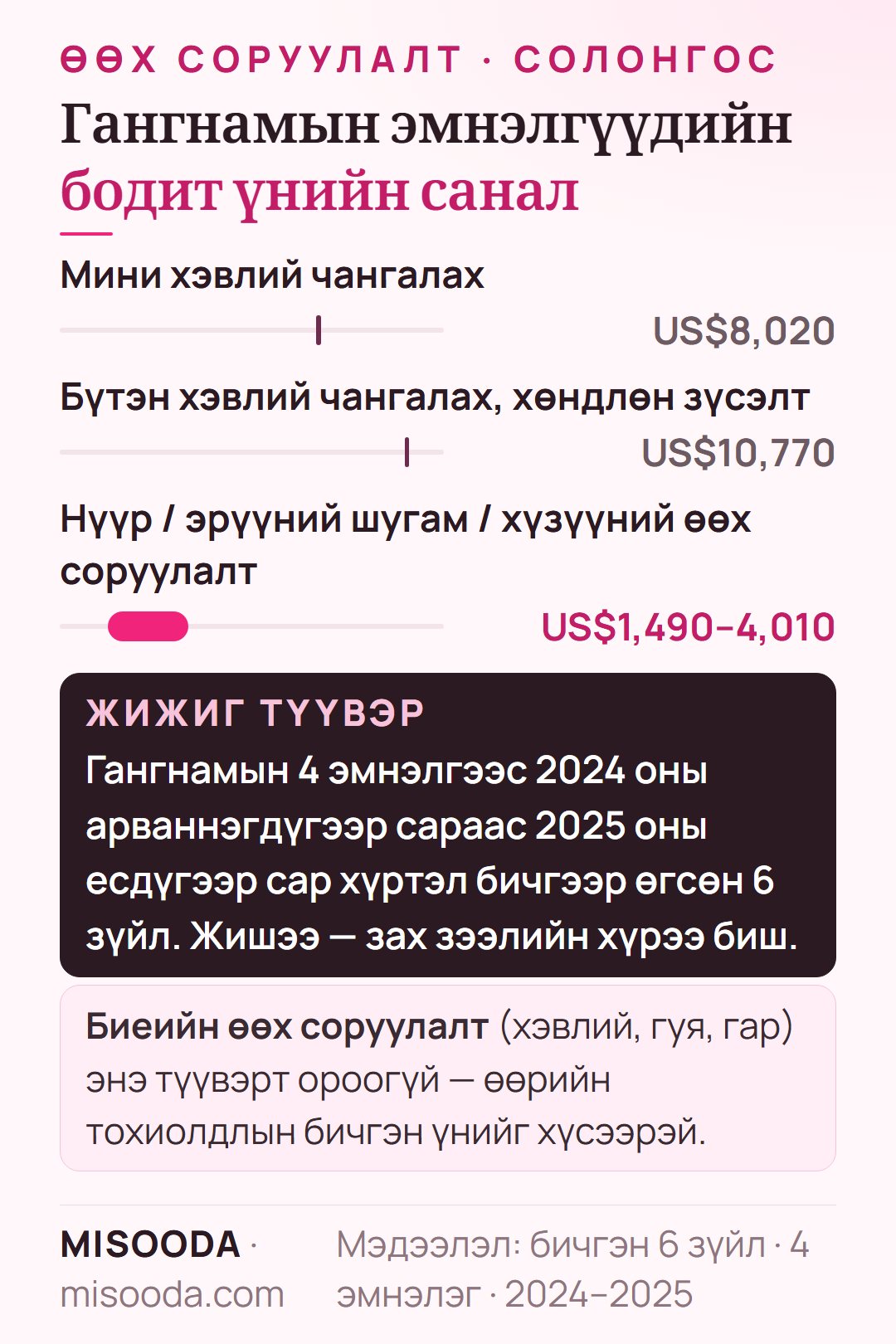 Гангнамын бодит үнийн санал 2024–2025: мини хэвлий чангалах US$8,020, бүтэн хэвлий чангалах US$10,770, нүүр, эрүүний шугам, хүзүүний өөх соруулалт US$1,490–4,010