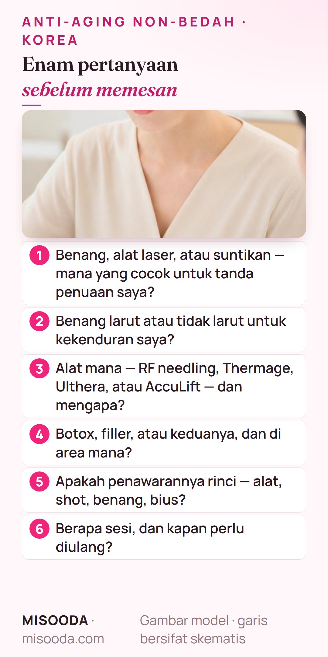 Enam pertanyaan sebelum memesan anti-aging non-bedah di Korea: benang, alat atau suntikan, jenis benang, pilihan alat, Botox atau filler, jumlah sesi
