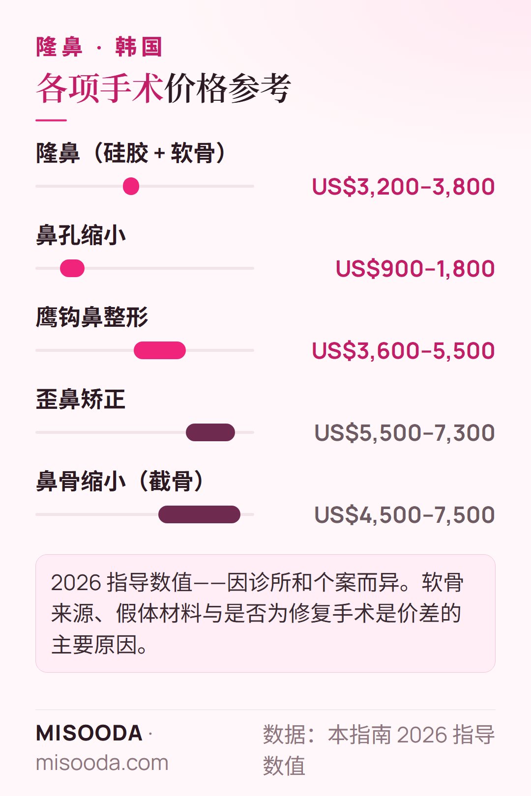 韩国 隆鼻价格参考 2026:硅胶加软骨 US$3,200–3,800,鼻孔缩小 US$900–1,800,歪鼻矫正 US$5,500–7,300