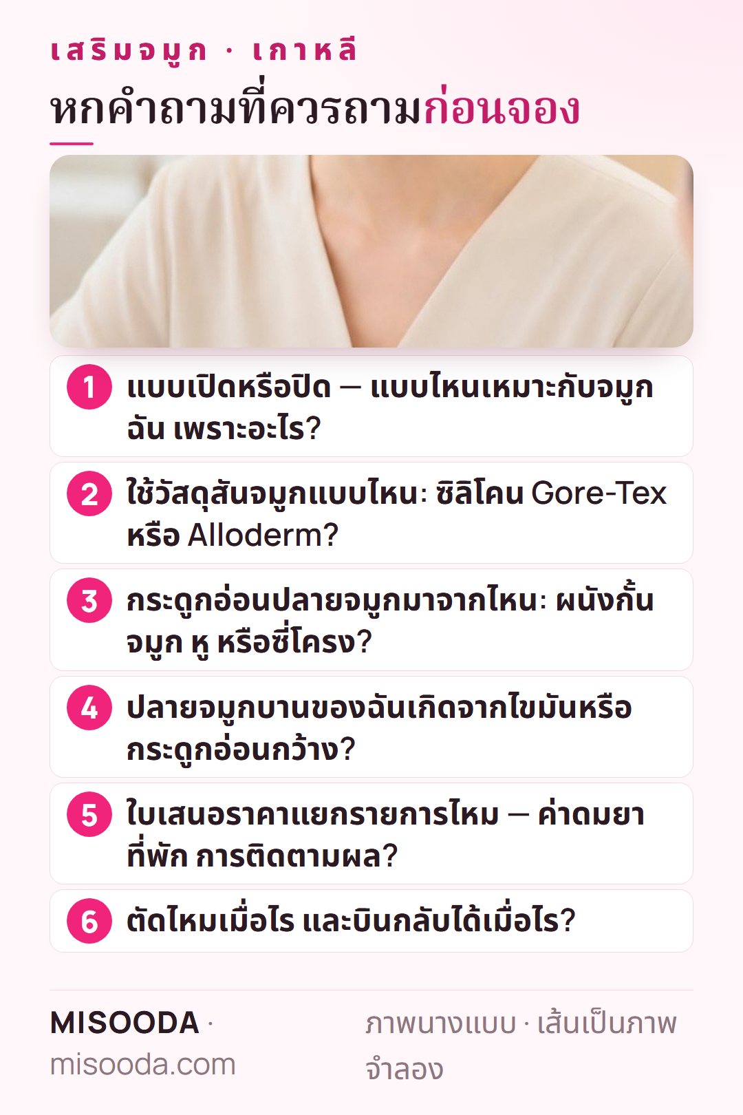 หกคำถามก่อนจองเสริมจมูก เกาหลี: แบบเปิดหรือปิด วัสดุสันจมูก แหล่งกระดูกอ่อนปลายจมูก สาเหตุปลายจมูกบาน ใบเสนอราคาแยกรายการ การตัดไหม