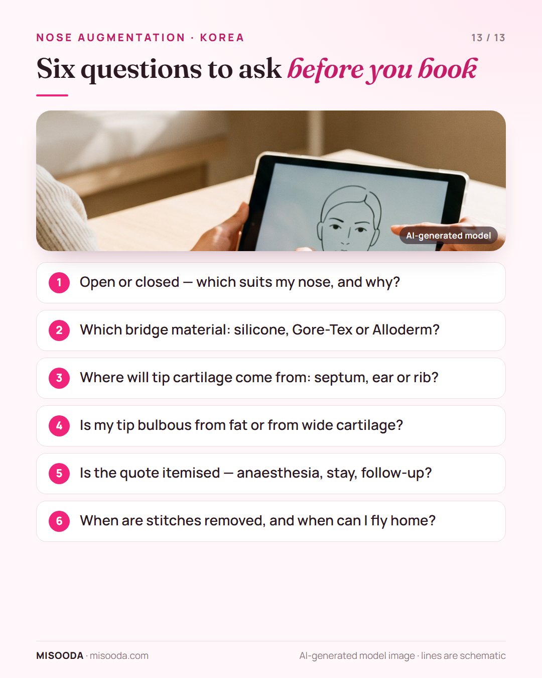 Six questions before booking nose augmentation in Korea: open or closed, bridge material, tip cartilage source, bulbous tip cause, itemised quote, stitch removal