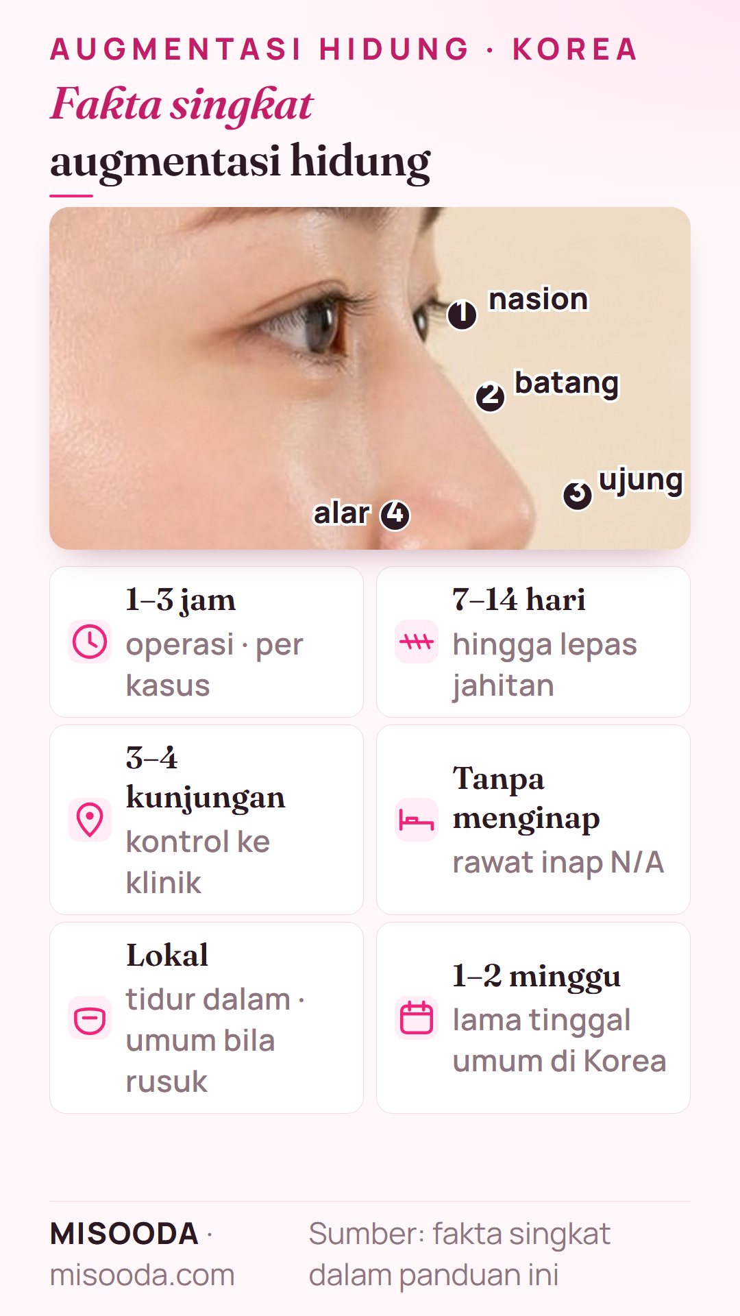 Fakta singkat augmentasi hidung di Korea: area nasion, batang, ujung, dan alar, operasi 1–3 jam, lepas jahitan setelah 7–14 hari, 3–4 kunjungan klinik, tinggal 1–2 minggu