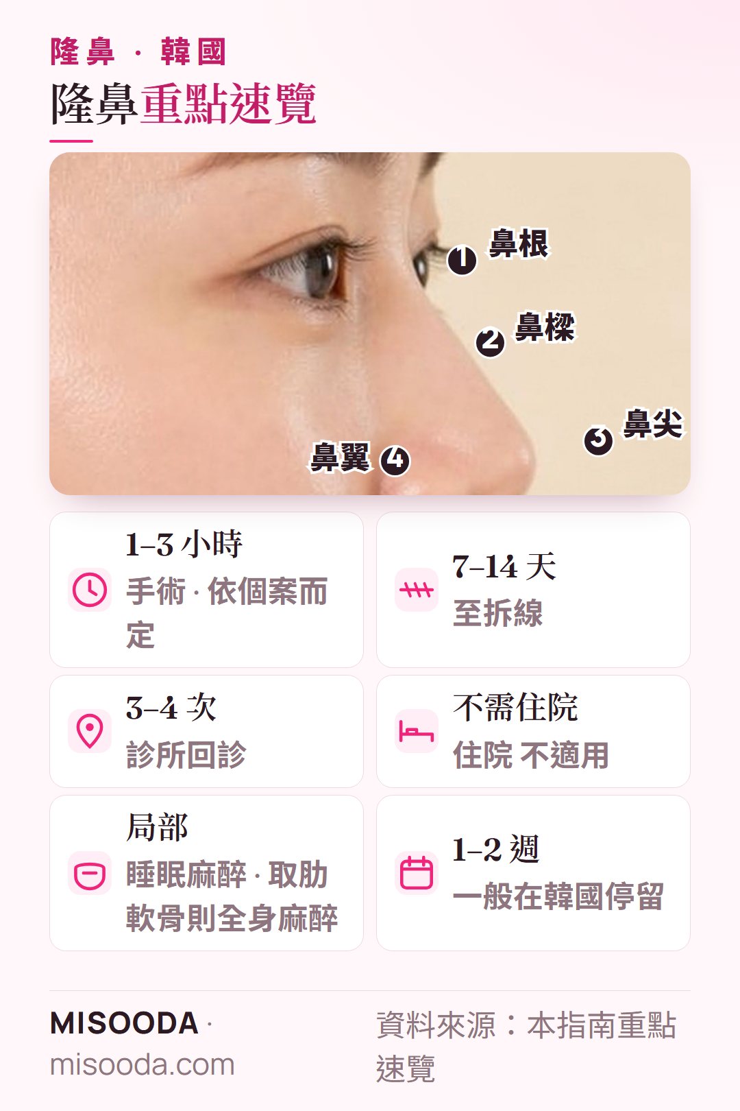 韓國 隆鼻重點速覽:鼻根、鼻樑、鼻尖與鼻翼手術部位,手術 1–3 小時,7–14 天後拆線,回診 3–4 次,停留 1–2 週