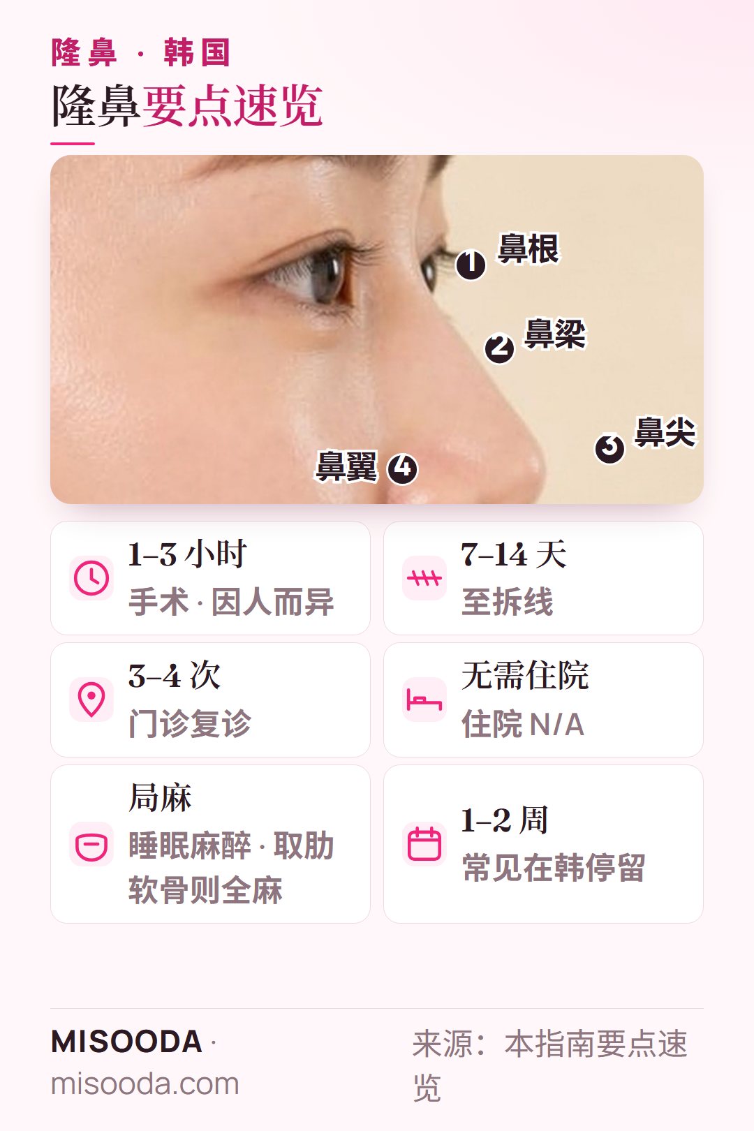 韩国 隆鼻要点:鼻根、鼻梁、鼻尖与鼻翼手术部位,手术 1–3 小时,7–14 天后拆线,门诊 3–4 次,停留 1–2 周