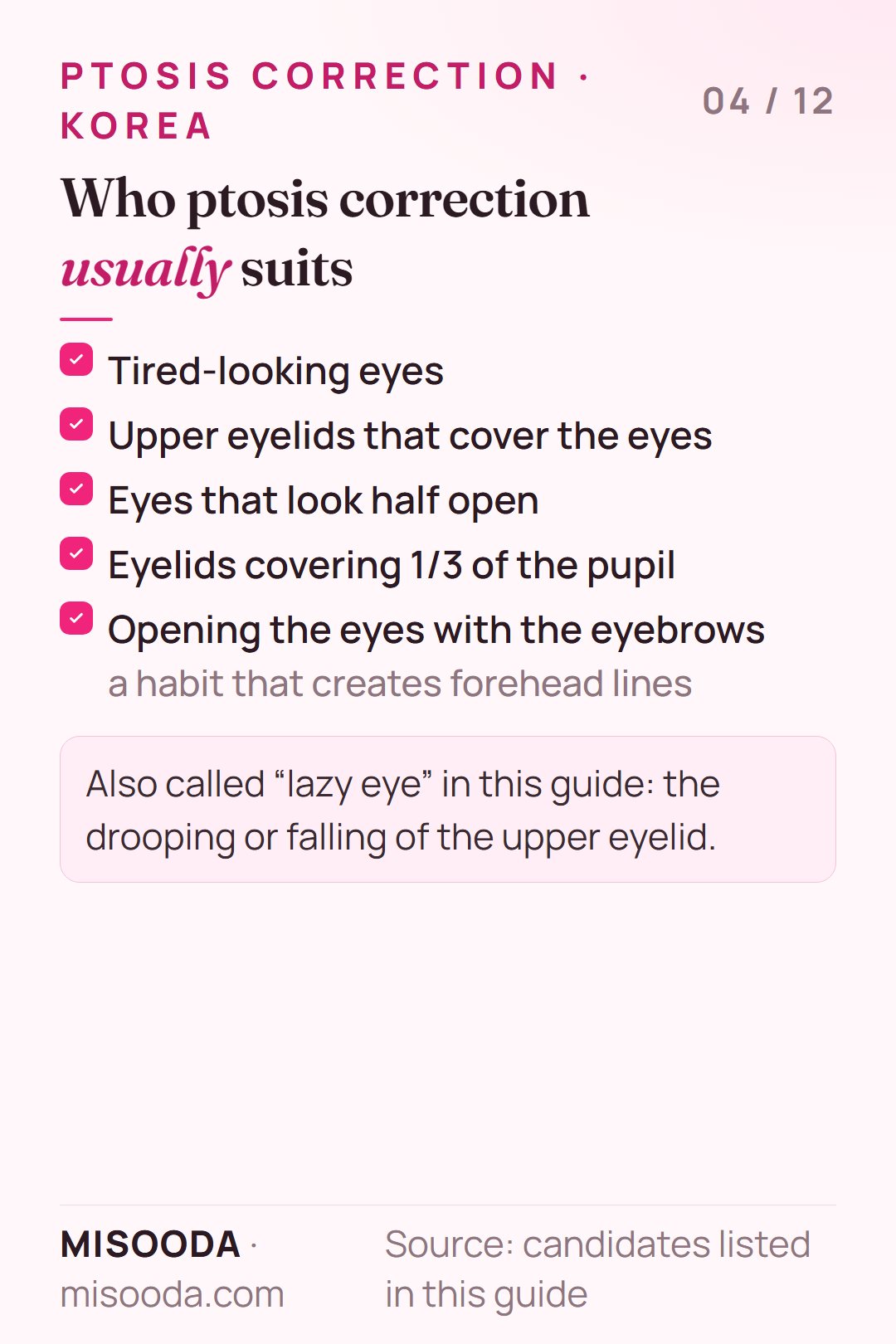 Ptosis correction candidates: tired-looking eyes, lids covering the eyes or 1/3 of the pupil, half-open look, opening the eyes with the eyebrows