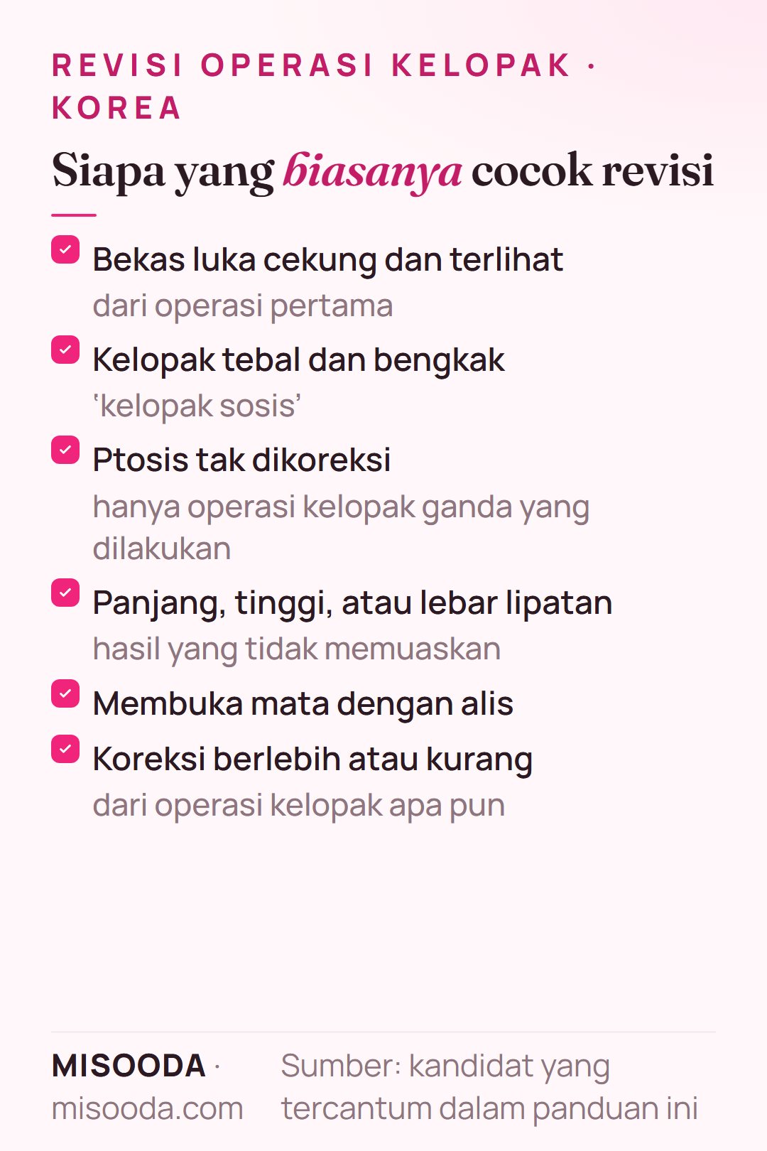 Kandidat revisi operasi kelopak di Korea: bekas luka cekung, kelopak sosis yang bengkak, ptosis tak dikoreksi, lipatan tidak memuaskan, memakai alis, koreksi berlebih atau kurang