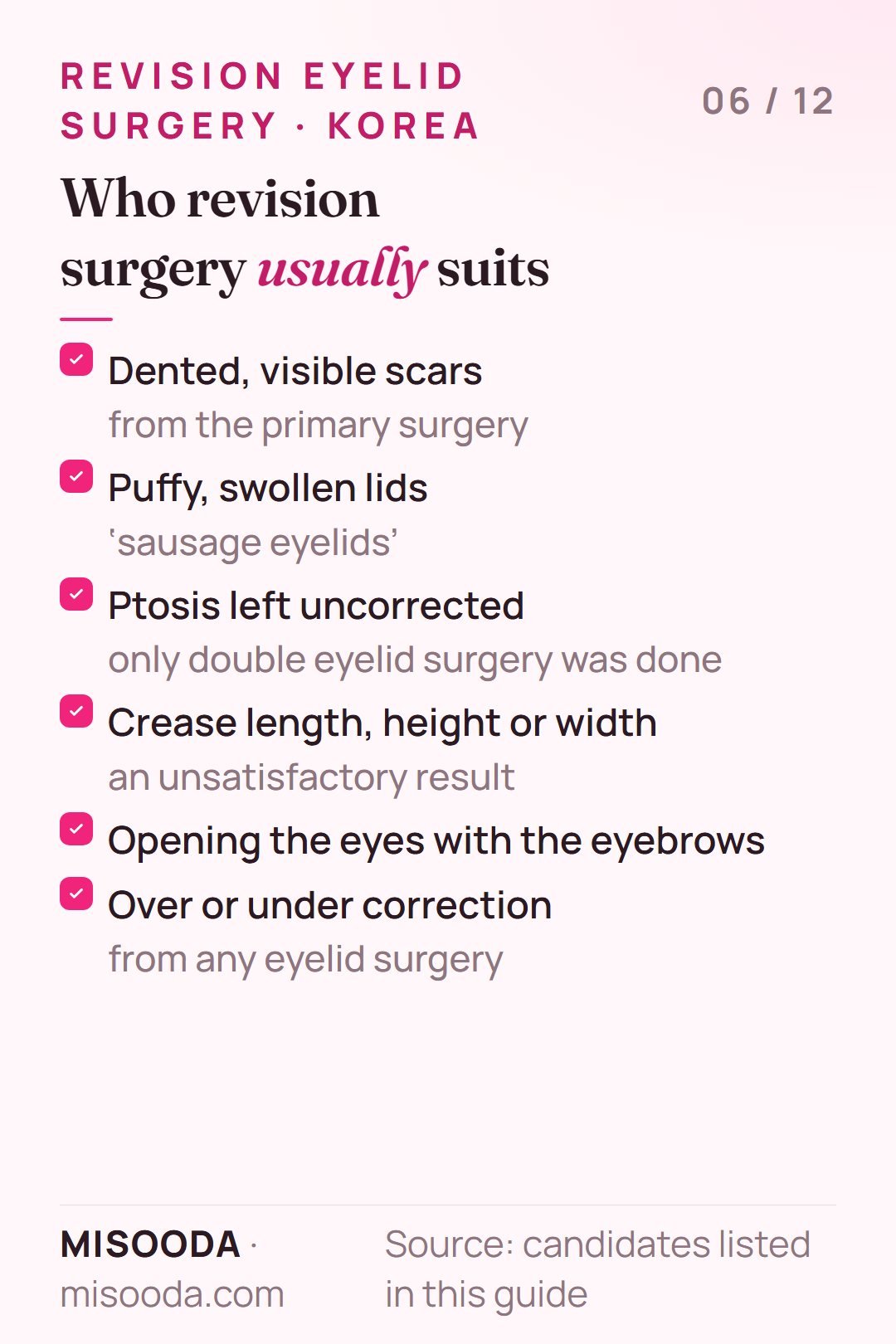 Revision eyelid surgery candidates: dented scars, puffy sausage eyelids, uncorrected ptosis, unhappy crease length or height, brow use, over or under correction