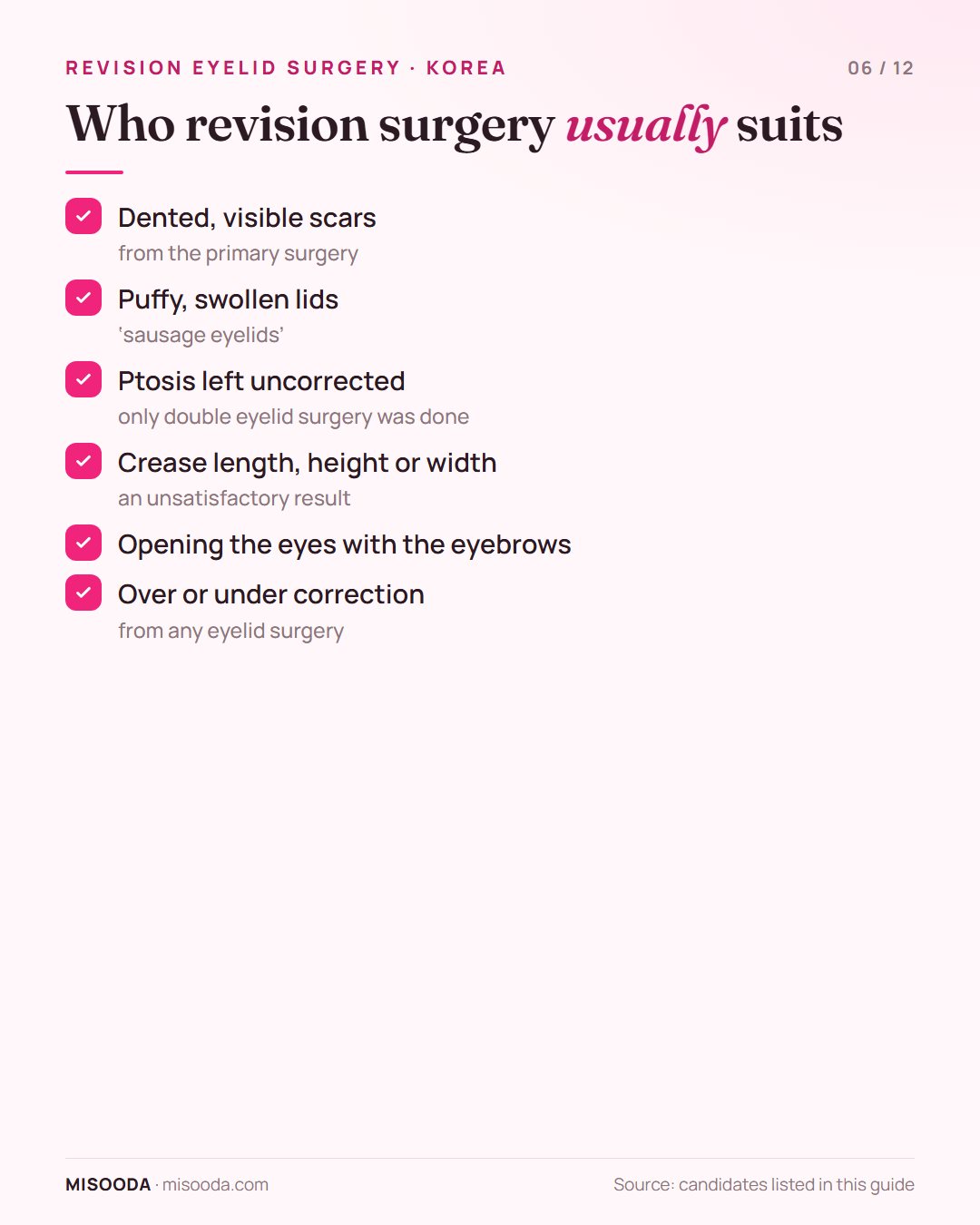 Revision eyelid surgery candidates: dented scars, puffy sausage eyelids, uncorrected ptosis, unhappy crease length or height, brow use, over or under correction