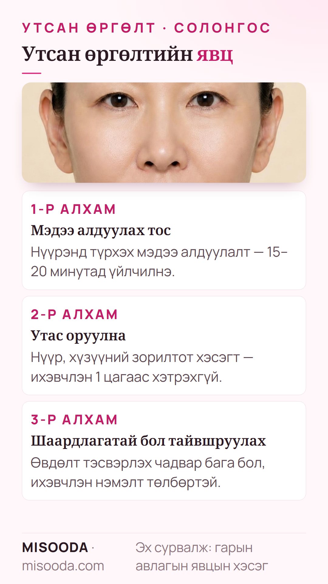 Солонгост утсан өргөлт хийх явц: мэдээ алдуулах тос 15–20 минут, нүүр, хүзүүнд утас оруулах нь 1 цагаас хэтрэхгүй, хүсвэл тайвшруулах мэдээ алдуулалт