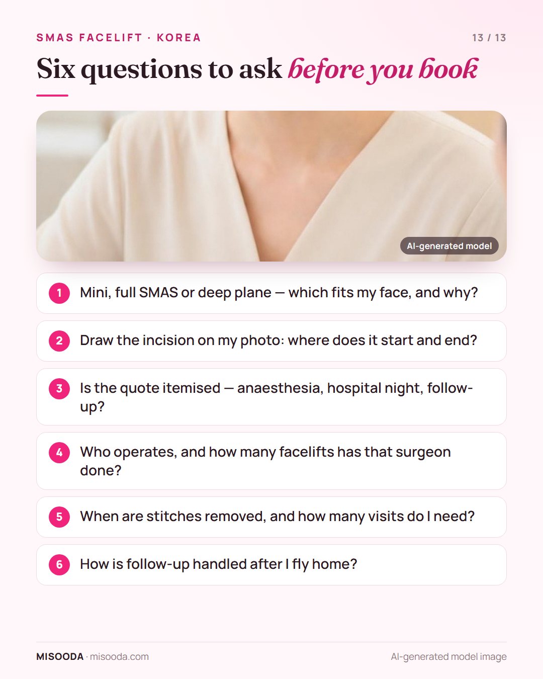 Six questions to ask before booking a facelift in Korea: which technique, incision drawn on your photo, itemised quote, who operates, stitch removal, follow-up at home