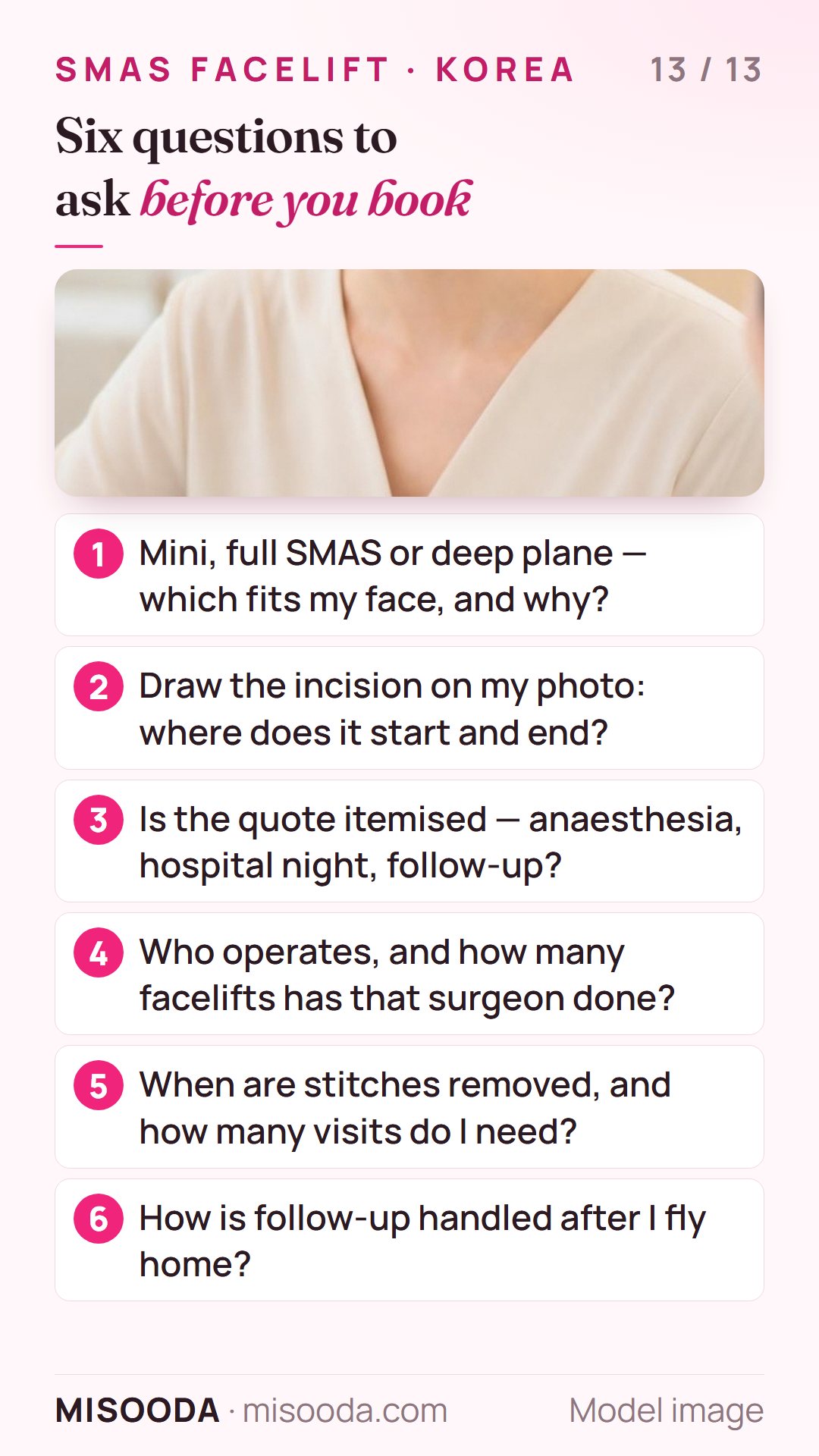 Six questions to ask before booking a facelift in Korea: which technique, incision drawn on your photo, itemised quote, who operates, stitch removal, follow-up at home