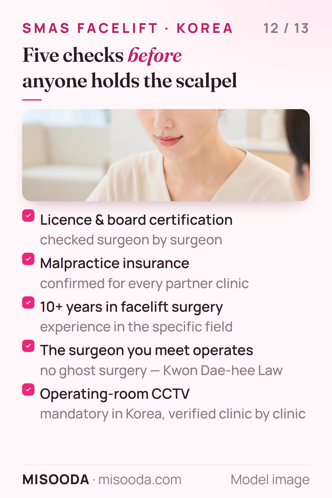 Five safety checks before a facelift in Korea: licence and board certification, malpractice insurance, 10+ years in the field, no ghost surgery, operating-room CCTV