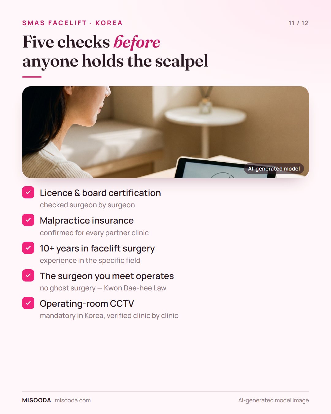 Five safety checks before a facelift in Korea: licence and board certification, malpractice insurance, 10+ years in the field, no ghost surgery, operating-room CCTV
