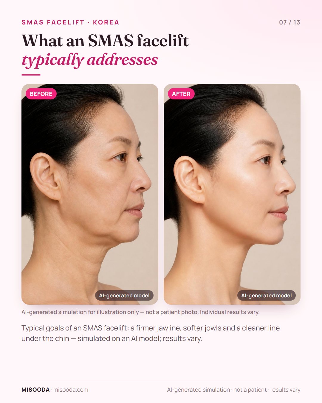Illustration of the typical goals of a facelift in Korea — jawline, jowls and the line under the chin — simulated on an AI model, not a patient