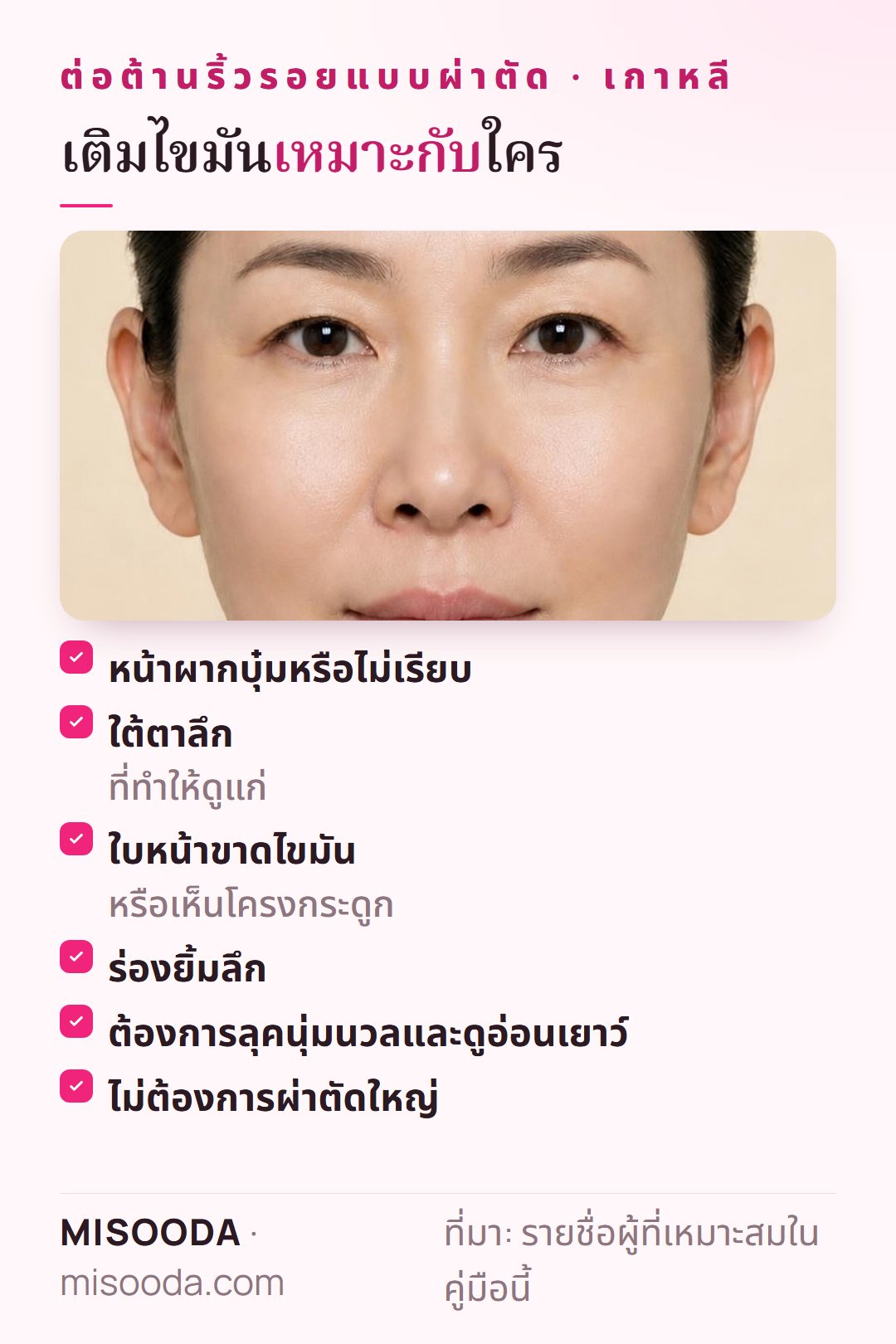 ผู้ที่เหมาะกับเติมไขมัน เกาหลี: หน้าผากบุ๋ม ใต้ตาลึก ใบหน้าขาดไขมัน ร่องยิ้มลึก ต้องการลุคนุ่มนวลโดยไม่ผ่าตัดใหญ่