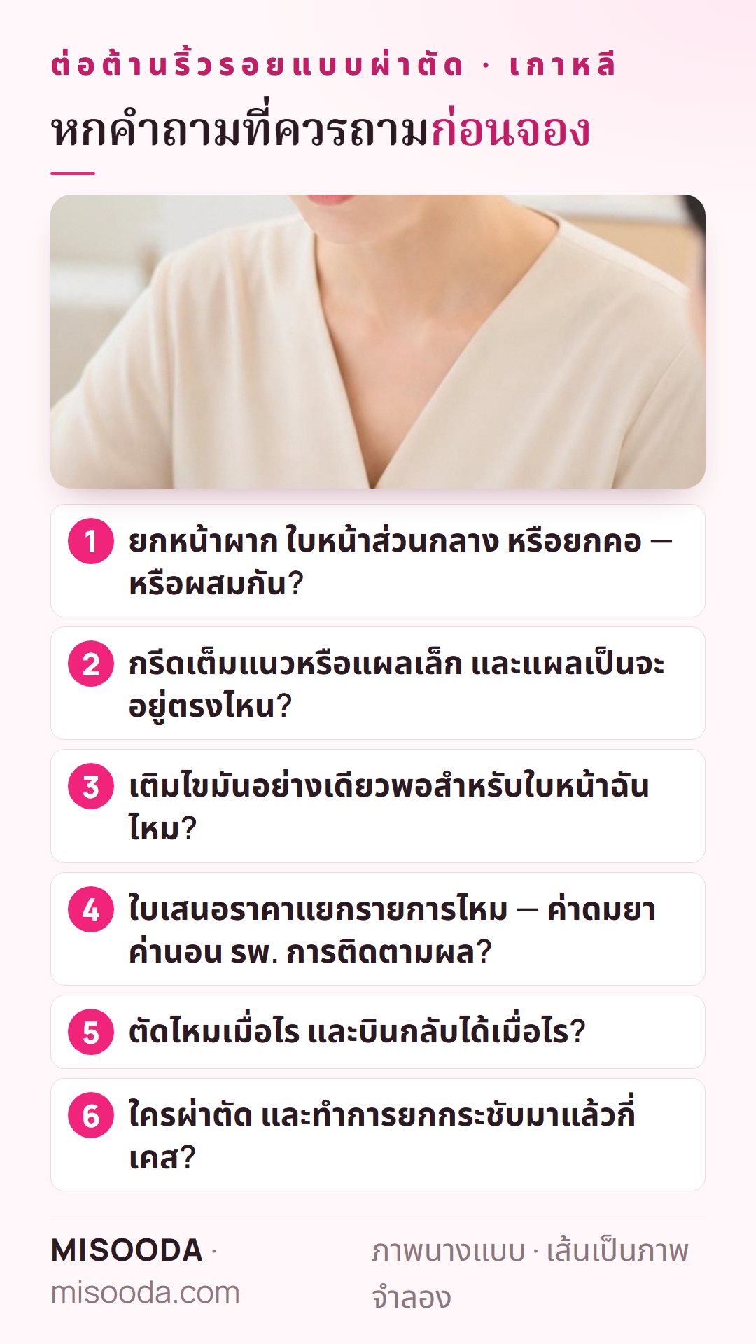 หกคำถามก่อนจองต่อต้านริ้วรอยแบบผ่าตัด เกาหลี: ยกแบบไหน แผลและแผลเป็น เติมไขมันแทน ใบเสนอราคาแยกรายการ การตัดไหม ใครผ่าตัด