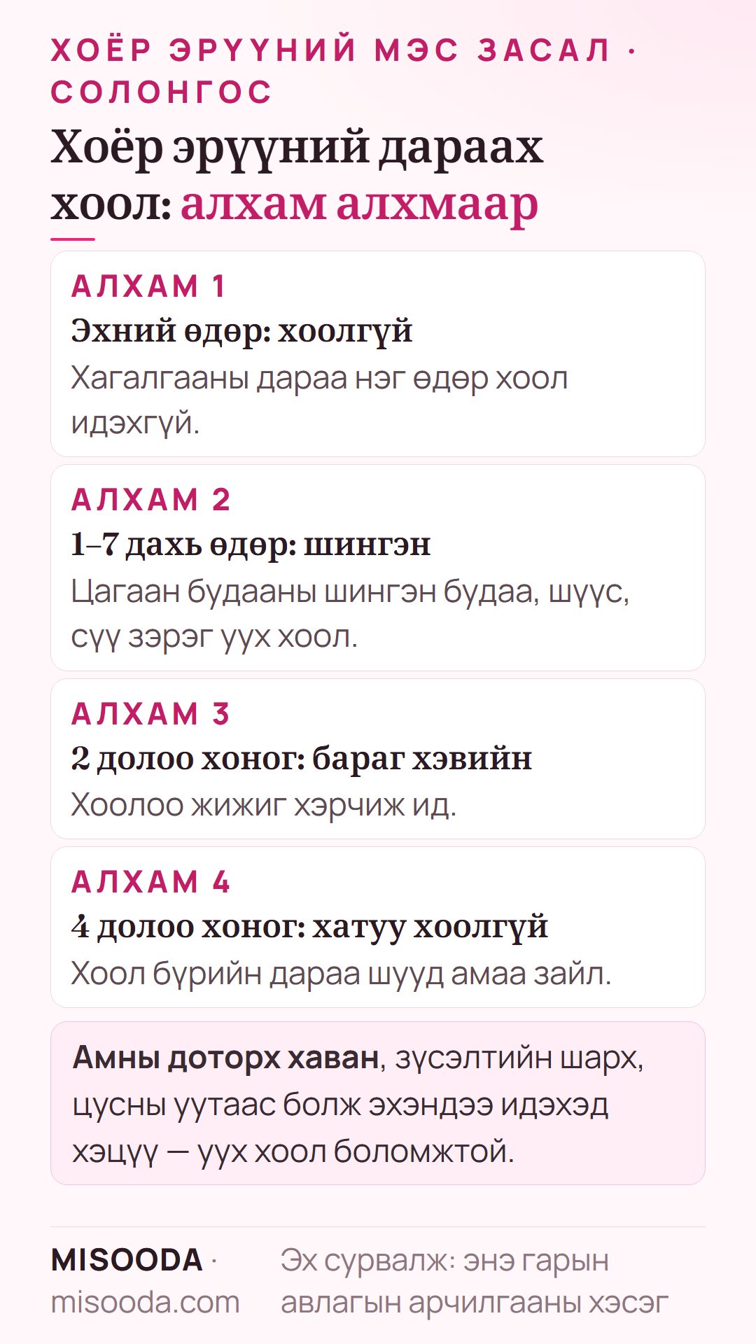 Хоёр эрүүний мэс заслын дараах хоол: эхний өдөр юу ч идэхгүй, 7 хоног шингэн хоол, 2 долоо хоногт бараг хэвийн хоол, 4 долоо хоног хатуу хоолгүй