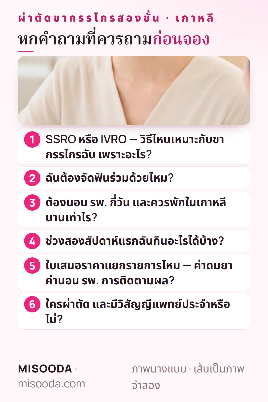 หกคำถามก่อนจองผ่าตัดขากรรไกรสองชั้น เกาหลี: SSRO หรือ IVRO การจัดฟัน จำนวนวันนอน รพ. และระยะพัก อาหาร ใบเสนอราคาแยกรายการ ใครผ่าตัด