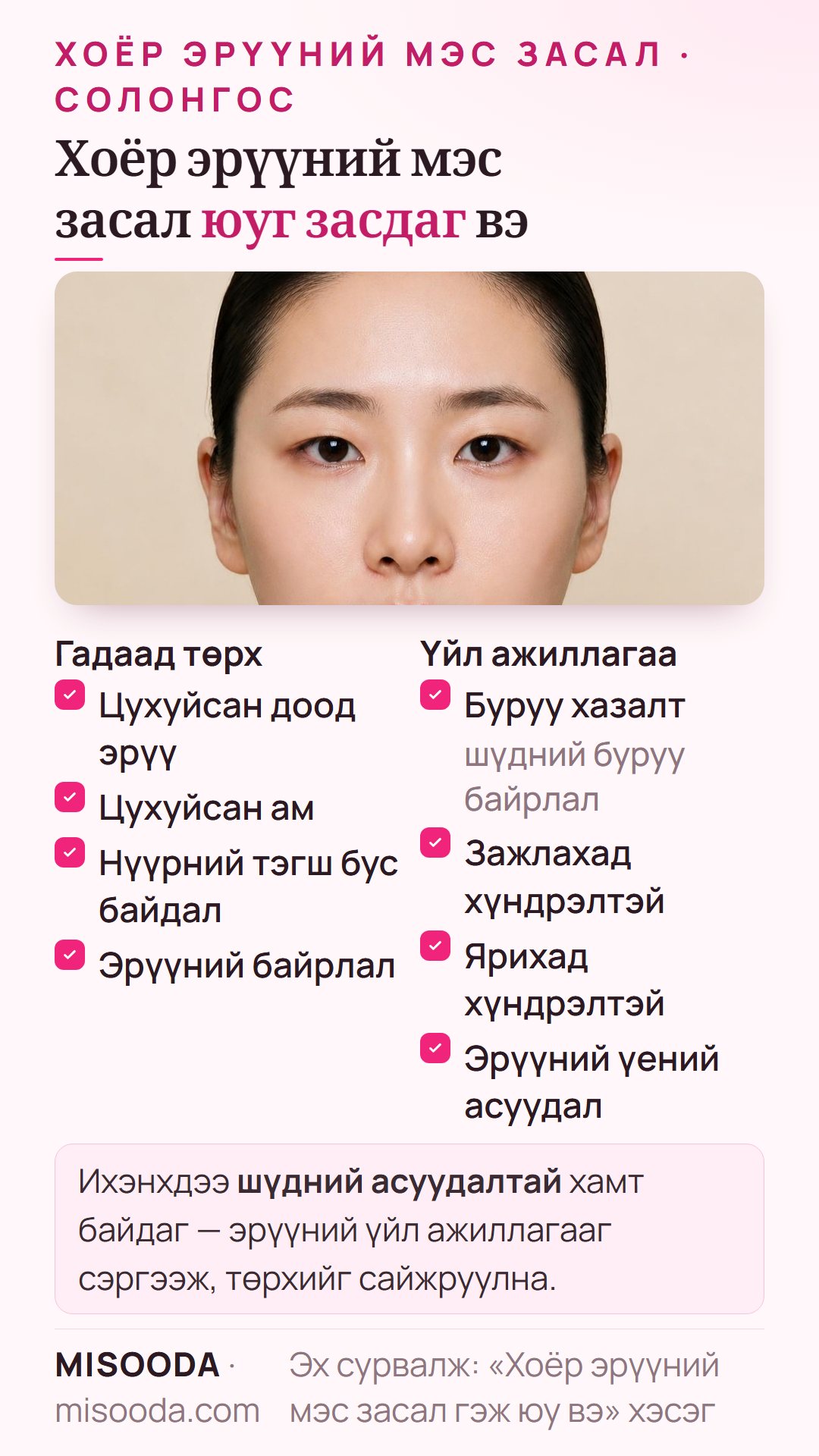 Хоёр эрүүний мэс засал юуг засдаг: цухуйсан доод эрүү, цухуйсан ам, нүүрний тэгш бус байдал, эрүүний байрлал, мөн буруу хазалт, зажлах, ярих хүндрэл