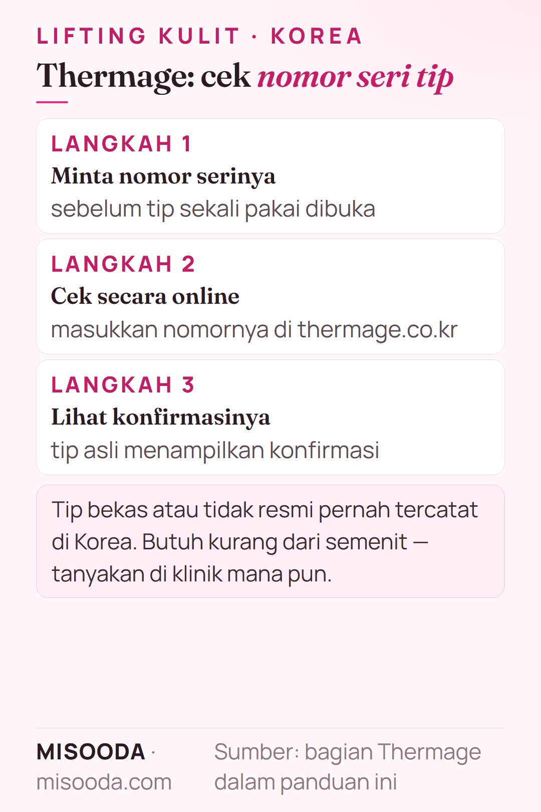 Cara mengecek tip Thermage asli di Korea: minta nomor seri sebelum tip dibuka dan masukkan di thermage.co.kr untuk konfirmasi