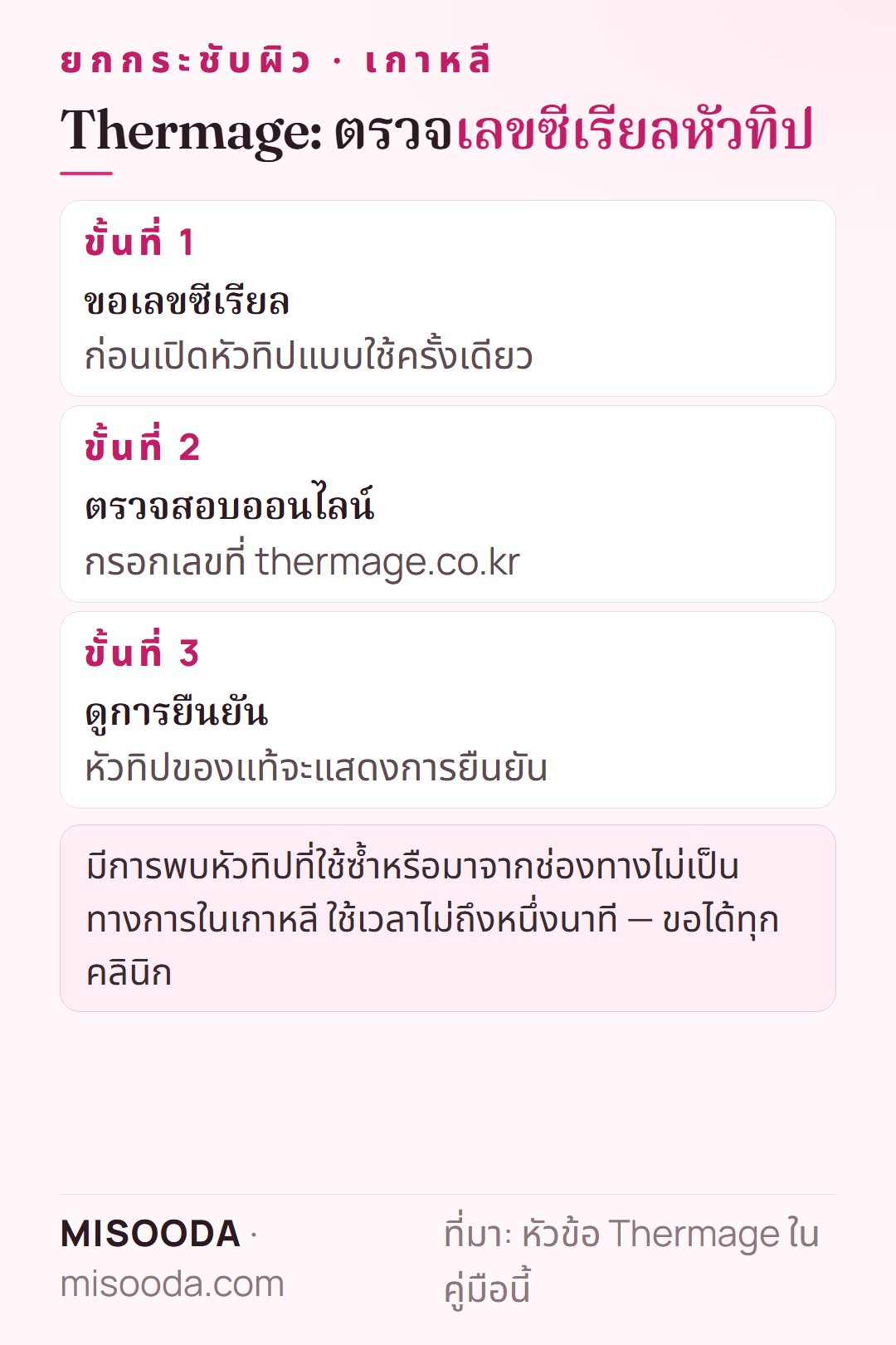 วิธีตรวจหัวทิป Thermage ของแท้ที่เกาหลี: ขอเลขซีเรียลก่อนเปิดหัวทิป แล้วกรอกที่ thermage.co.kr เพื่อดูการยืนยัน