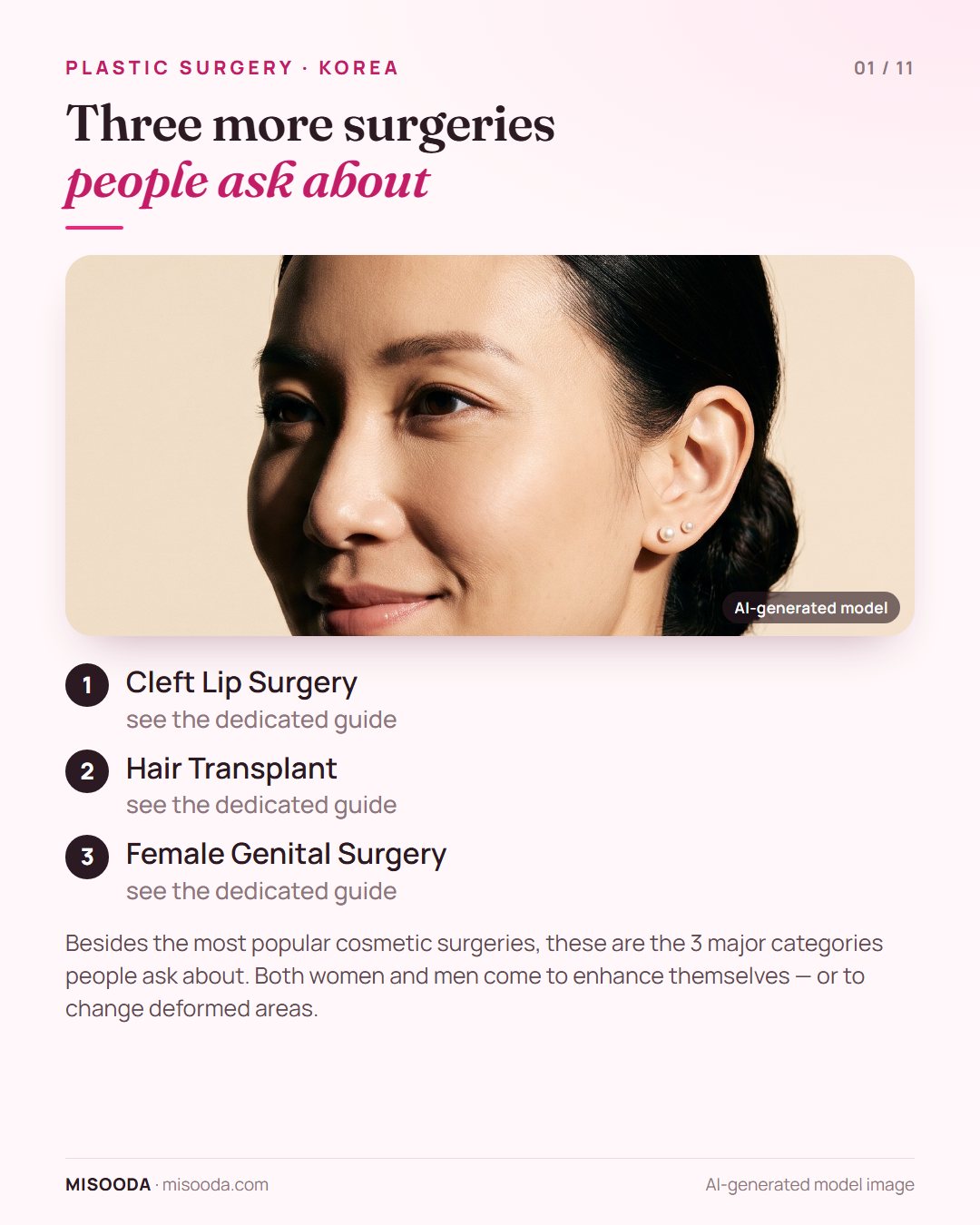 Other popular plastic surgeries in Korea besides cosmetic surgery: three major categories — cleft lip surgery, hair transplant and female genital surgery