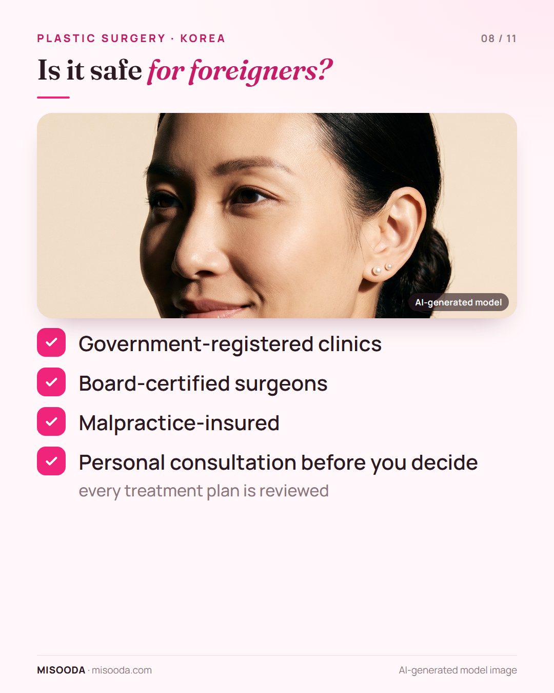 Korean plastic surgery safety for foreigners: government-registered, board-certified, malpractice-insured clinics and a personal consultation before you decide
