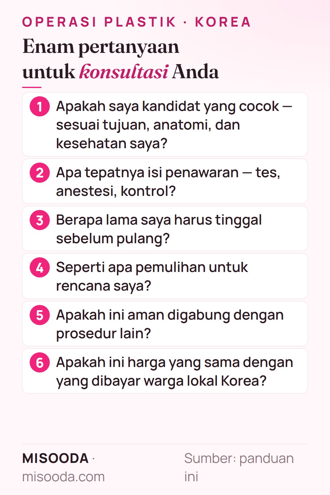 Enam pertanyaan untuk konsultasi operasi plastik di Korea: kecocokan kandidat, isi penawaran, lama tinggal, pemulihan, menggabungkan prosedur, dan harga lokal