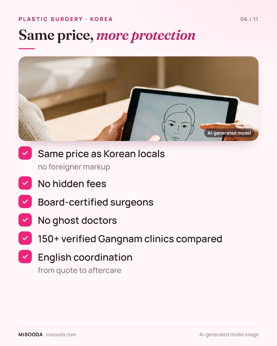 Korean plastic surgery through MISOODA: same price as Korean locals, no hidden fees, board-certified surgeons, no ghost doctors, 150+ verified Gangnam clinics