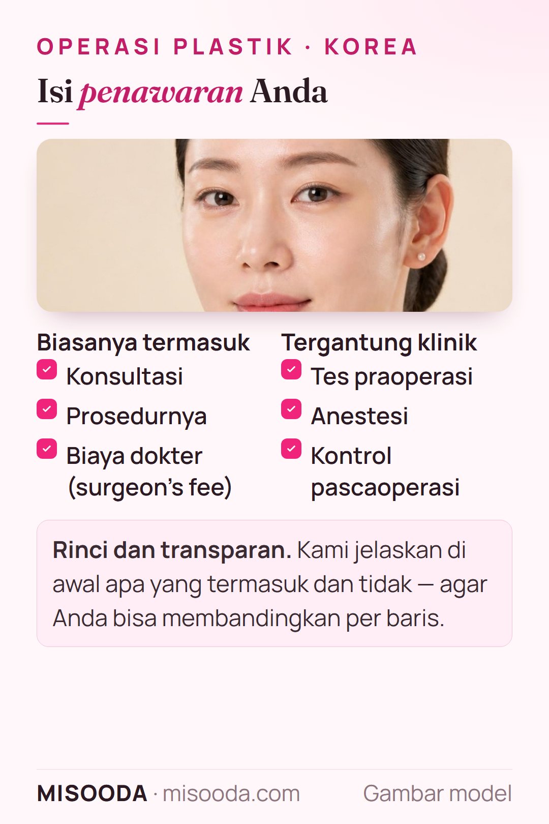 Isi penawaran operasi plastik di Korea: konsultasi, prosedur, dan biaya dokter; tes praoperasi, anestesi, dan kontrol pascaoperasi tergantung klinik