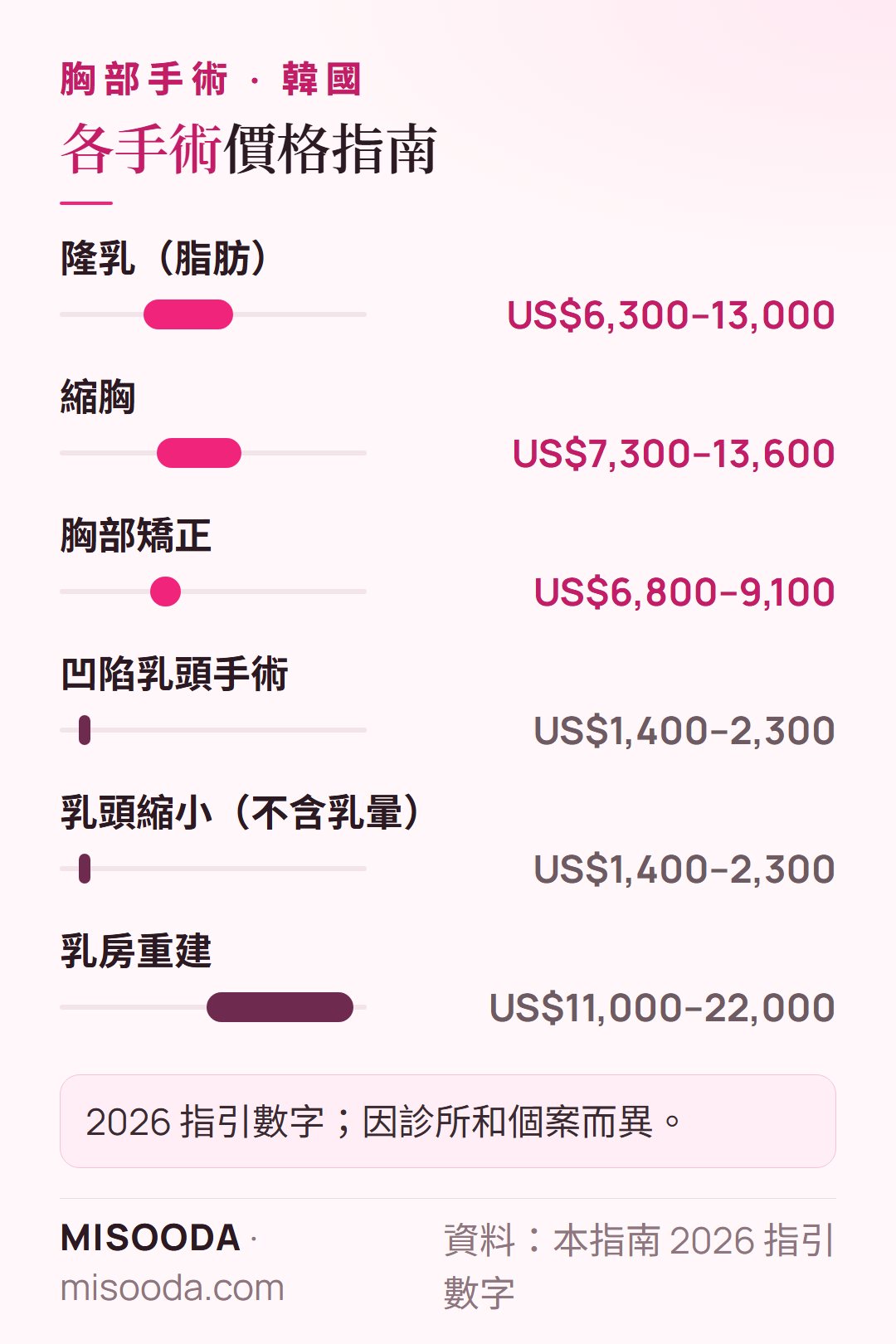 韓國 胸部手術價格指南 2026:隆乳 US$6,300–13,000、縮胸 US$7,300–13,600、乳頭手術 US$1,400–2,300、乳房重建最高 US$22,000