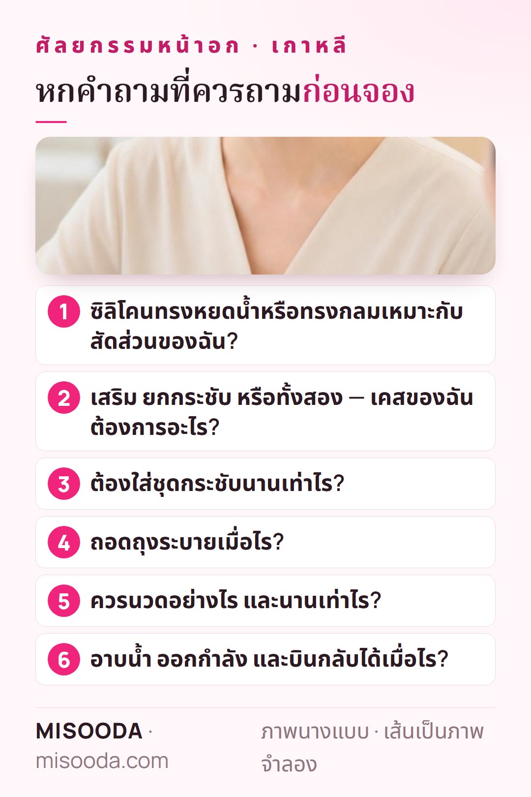 หกคำถามก่อนจองศัลยกรรมหน้าอก เกาหลี: ซิลิโคนทรงหยดน้ำหรือกลม เสริมหรือยกกระชับ ชุดกระชับ การถอดถุงระบาย การนวด เมื่อไรบินกลับได้