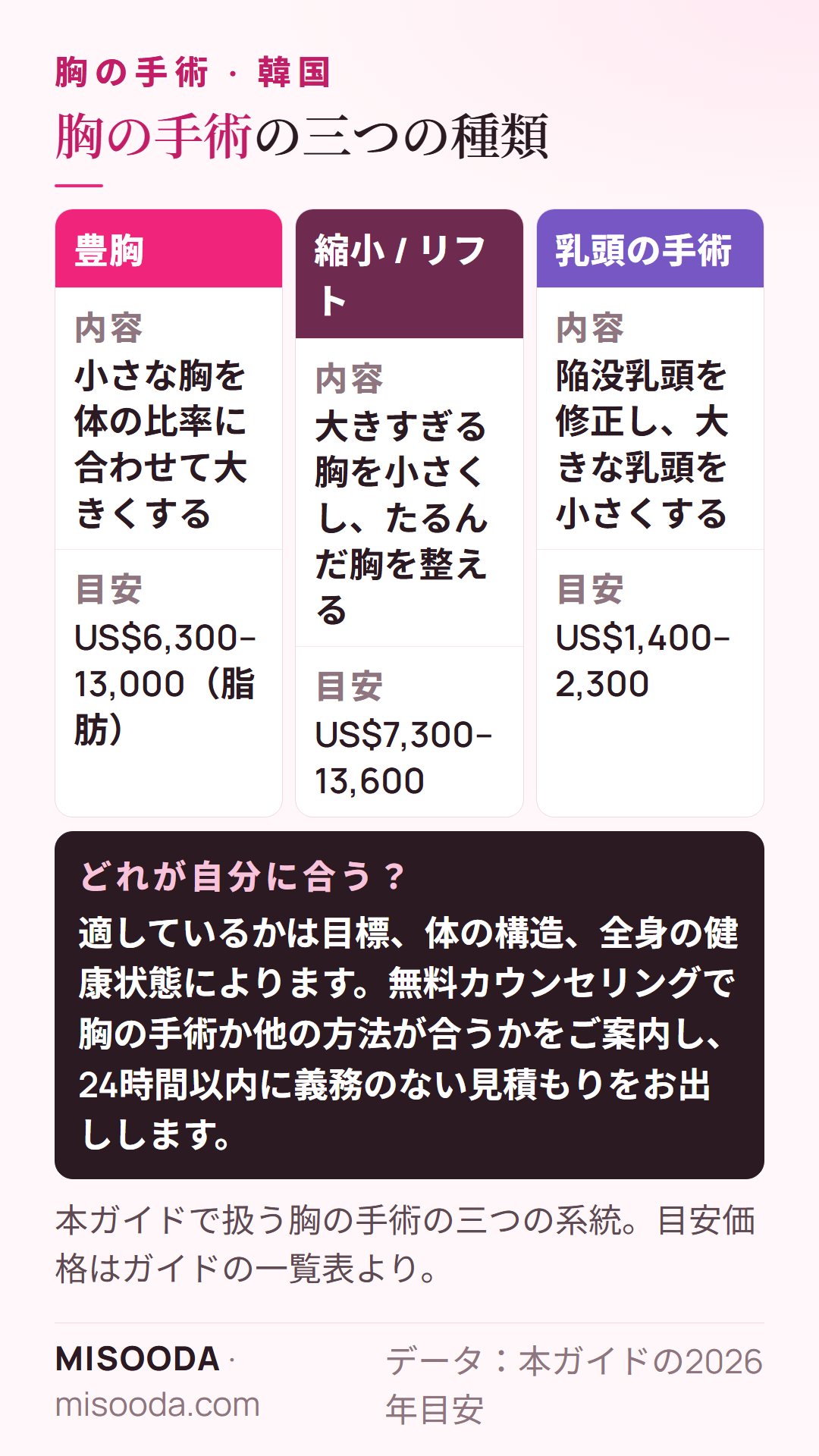 韓国 胸の手術の種類:豊胸 US$6,300–13,000、縮小またはリフト US$7,300–13,600、乳頭の手術 US$1,400–2,300
